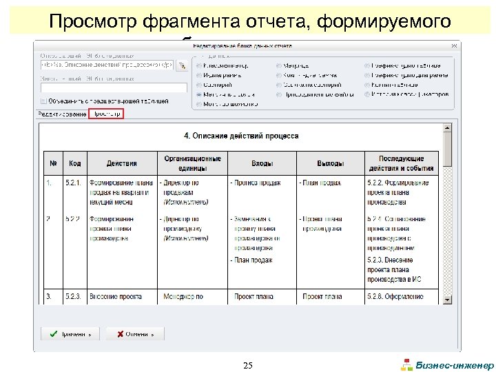 Просмотр фрагмента отчета, формируемого блоком данных 25 Бизнес-инженер 