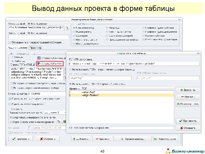 Вывод данных проекта в форме таблицы 40 Бизнес-инженер 
