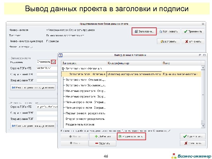 Вывод данных проекта в заголовки и подписи 46 Бизнес-инженер 