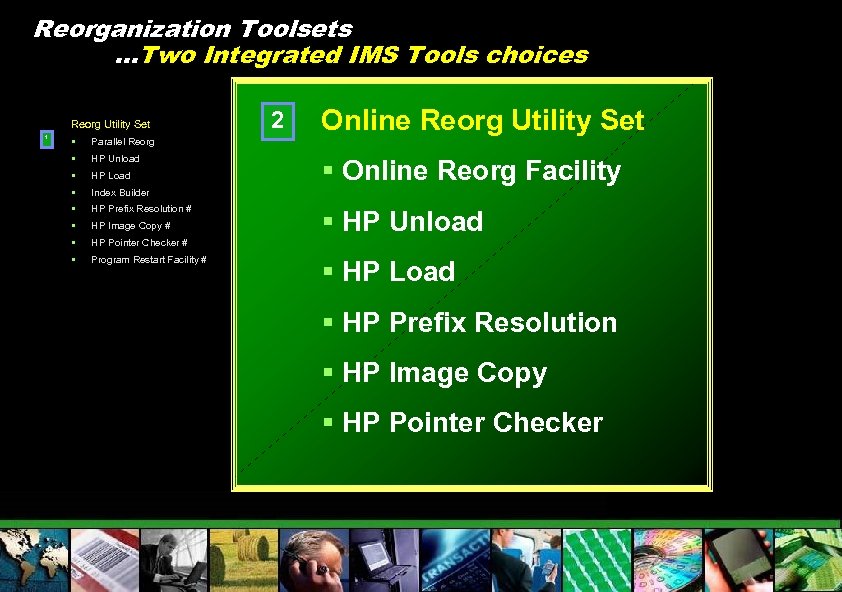 Reorganization Toolsets …Two Integrated IMS Tools choices Reorg Utility Set 1 § HP Unload