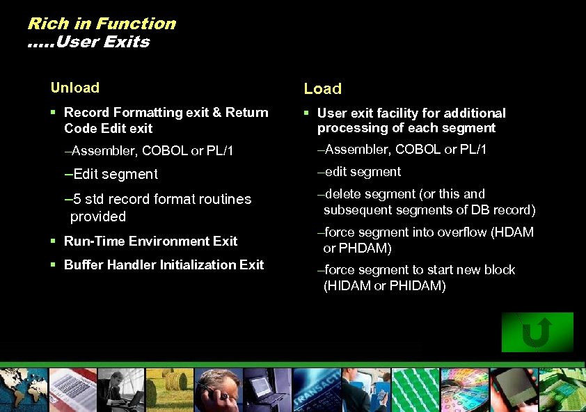 Rich in Function …. . User Exits Unload Load § Record Formatting exit &