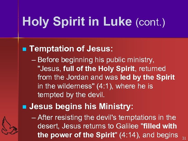 Holy Spirit in Luke (cont. ) n Temptation of Jesus: – Before beginning his