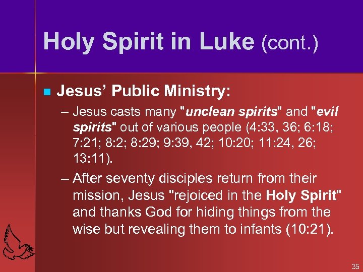 Holy Spirit in Luke (cont. ) n Jesus’ Public Ministry: – Jesus casts many