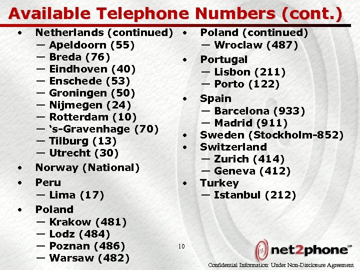 Available Telephone Numbers (cont. ) • • Netherlands (continued) — Apeldoorn (55) — Breda