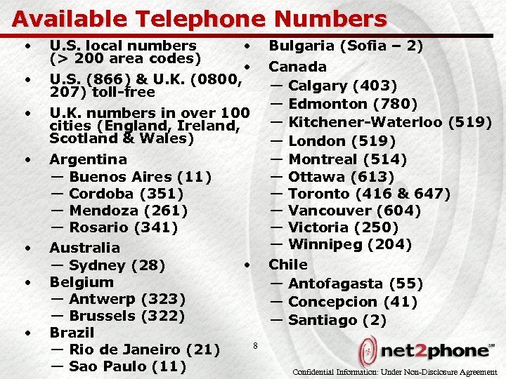 Available Telephone Numbers • • U. S. local numbers • (> 200 area codes)