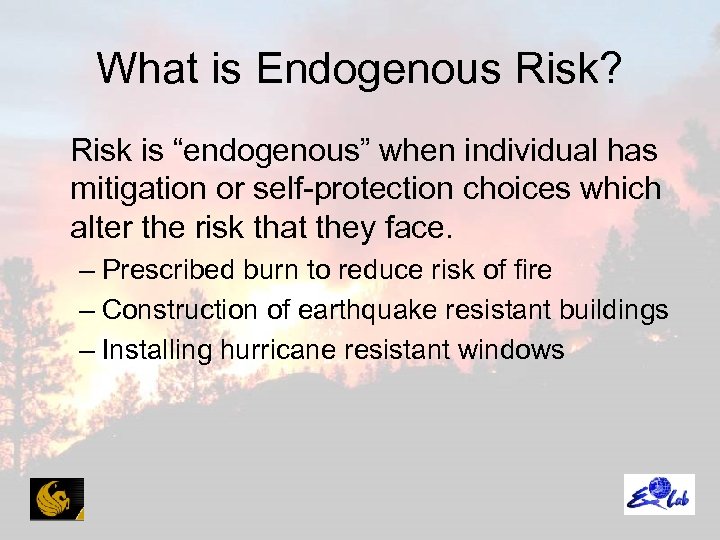 What is Endogenous Risk? Risk is “endogenous” when individual has mitigation or self-protection choices