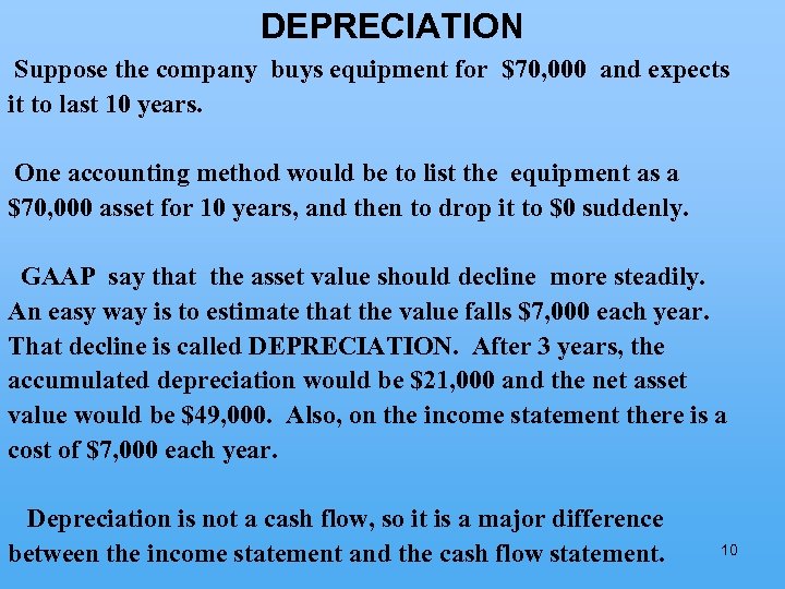 DEPRECIATION Suppose the company buys equipment for $70, 000 and expects it to last