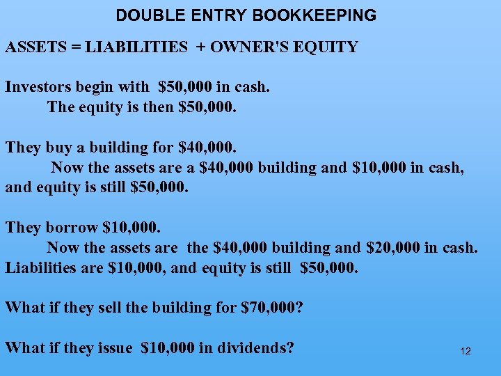 DOUBLE ENTRY BOOKKEEPING ASSETS = LIABILITIES + OWNER'S EQUITY Investors begin with $50, 000