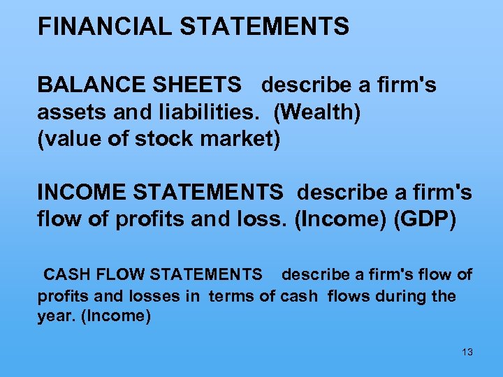 FINANCIAL STATEMENTS BALANCE SHEETS describe a firm's assets and liabilities. (Wealth) (value of stock