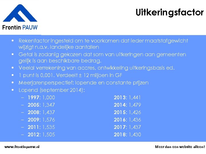 Uitkeringsfactor • Rekenfactor ingesteld om te voorkomen dat ieder maatstafgewicht wijzigt n. a. v.