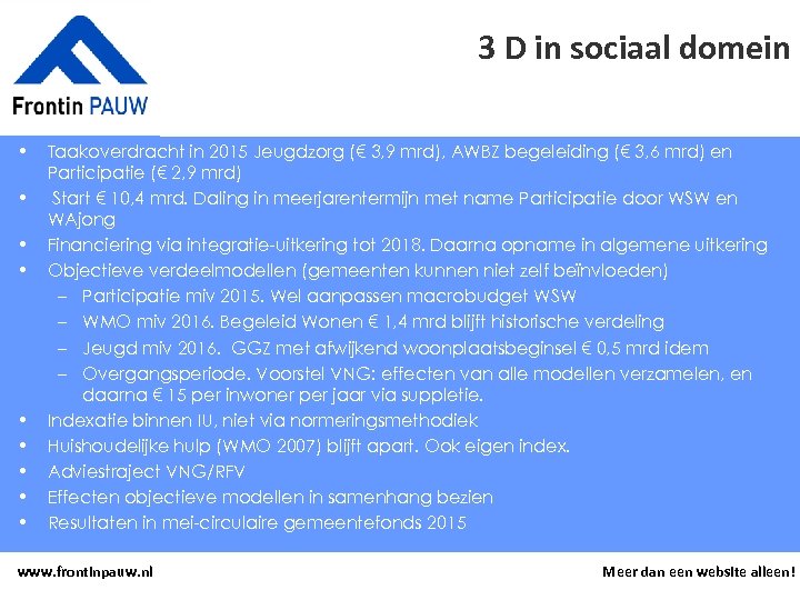 3 D in sociaal domein • • • Taakoverdracht in 2015 Jeugdzorg (€ 3,