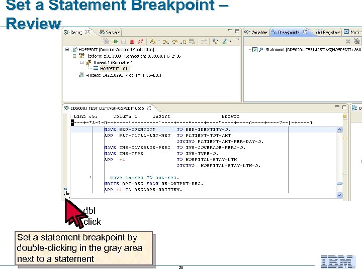 Set a Statement Breakpoint – Review dbl click Set a statement breakpoint by double-clicking