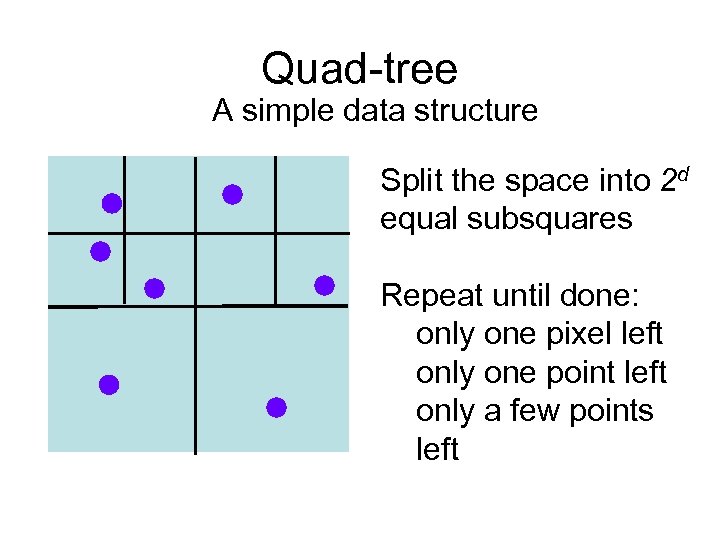 Quad-tree A simple data structure Split the space into 2 d equal subsquares Repeat