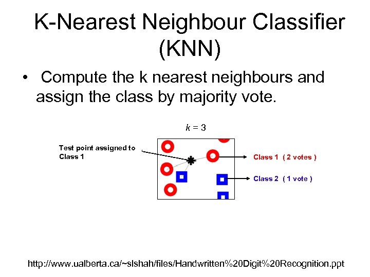 K-Nearest Neighbour Classifier (KNN) • Compute the k nearest neighbours and assign the class