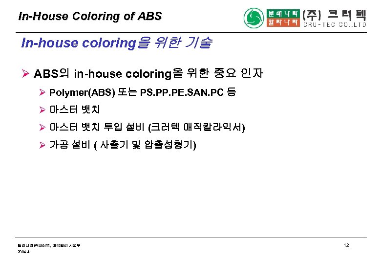 In-House Coloring of ABS In-house coloring을 위한 기술 Ø ABS의 in-house coloring을 위한 중요