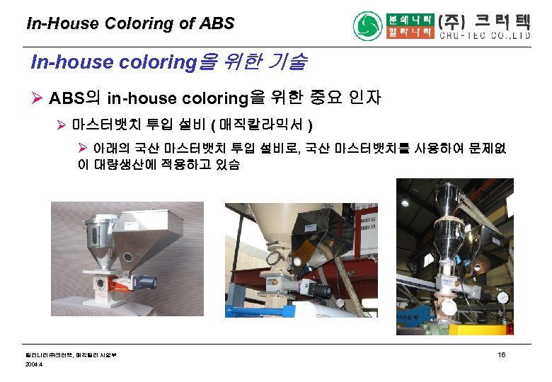 In-House Coloring of ABS In-house coloring을 위한 기술 Ø ABS의 in-house coloring을 위한 중요