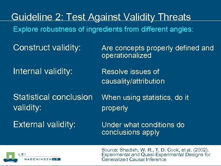 Guideline 2: Test Against Validity Threats Explore robustness of ingredients from different angles: Construct