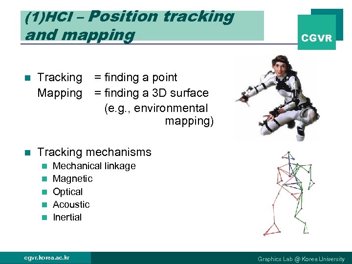 (1)HCI – Position tracking and mapping n Tracking Mapping n CGVR Tracking mechanisms n