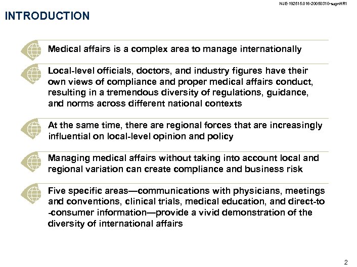 NJE-192515. 016 -20050310 -sugn. HR 1 INTRODUCTION • Medical affairs is a complex area