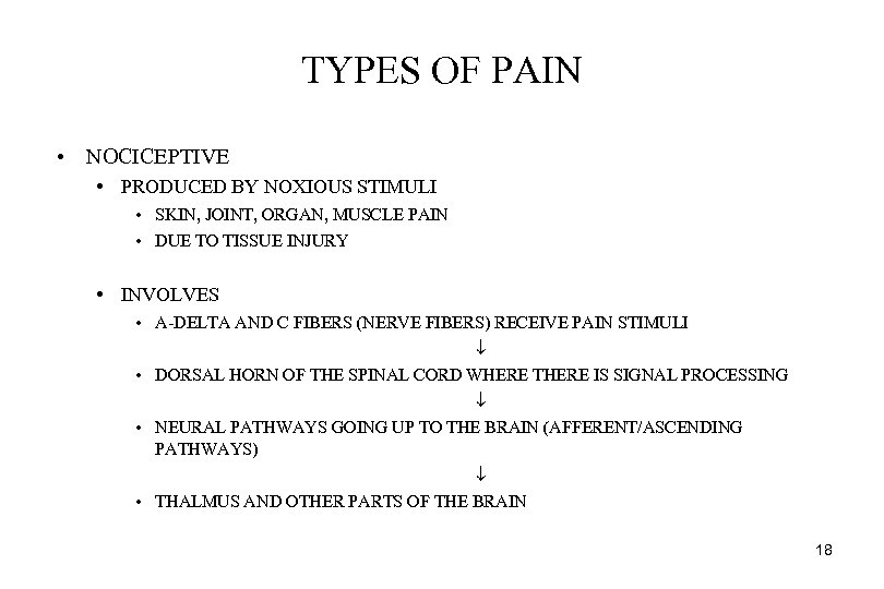 TYPES OF PAIN • NOCICEPTIVE • PRODUCED BY NOXIOUS STIMULI • SKIN, JOINT, ORGAN,