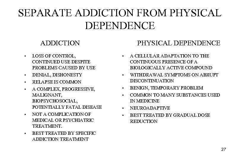 SEPARATE ADDICTION FROM PHYSICAL DEPENDENCE ADDICTION • • • LOSS OF CONTROL, CONTINUED USE