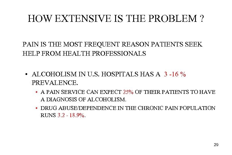 HOW EXTENSIVE IS THE PROBLEM ? PAIN IS THE MOST FREQUENT REASON PATIENTS SEEK