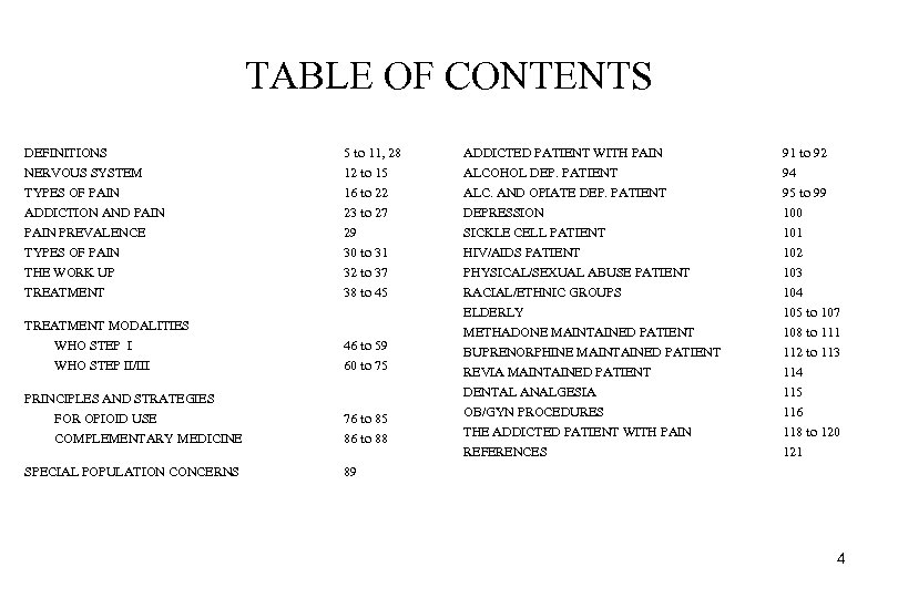 TABLE OF CONTENTS DEFINITIONS 5 to 11, 28 ADDICTED PATIENT WITH PAIN 91 to