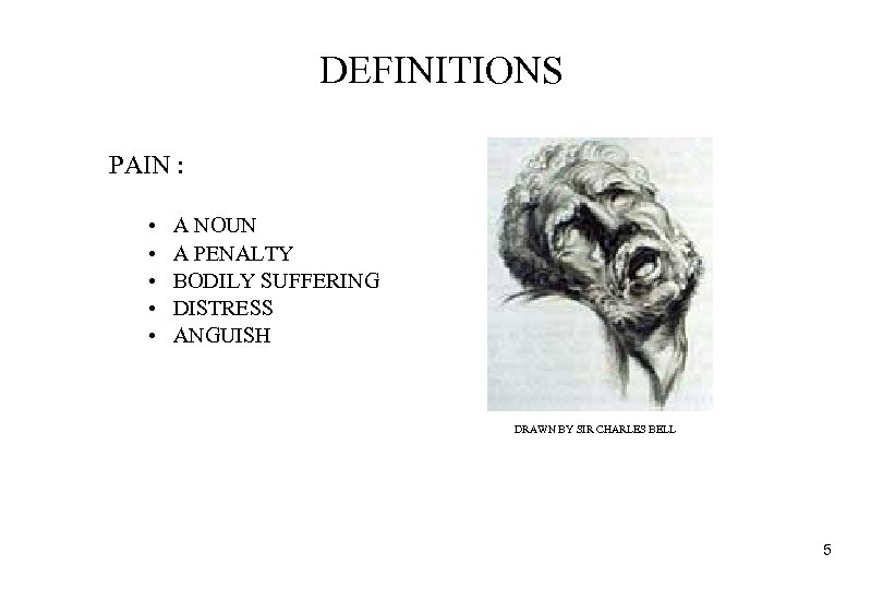 DEFINITIONS PAIN : • • • A NOUN A PENALTY BODILY SUFFERING DISTRESS ANGUISH