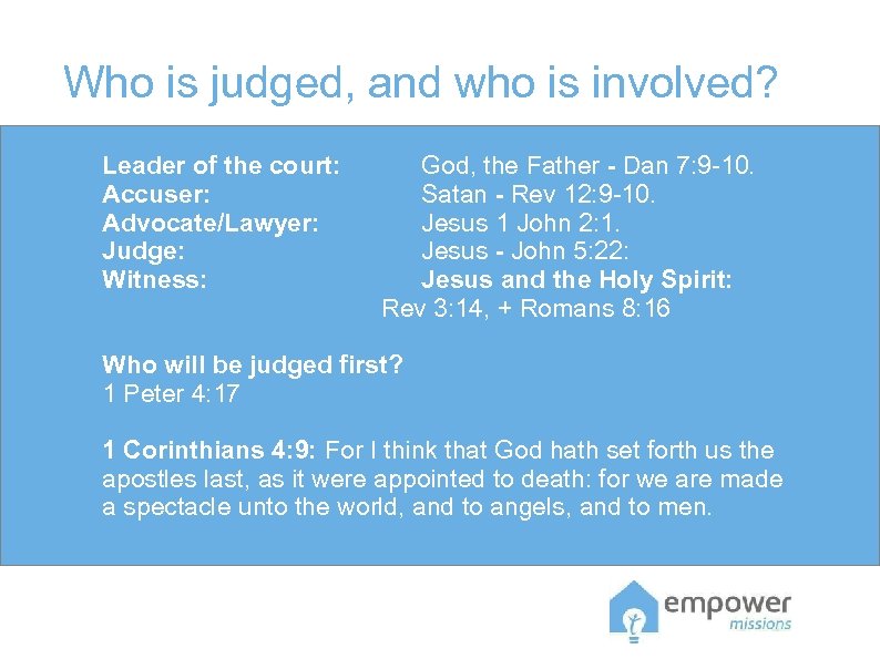 Who is judged, and who is involved? Leader of the court: Accuser: Advocate/Lawyer: Judge:
