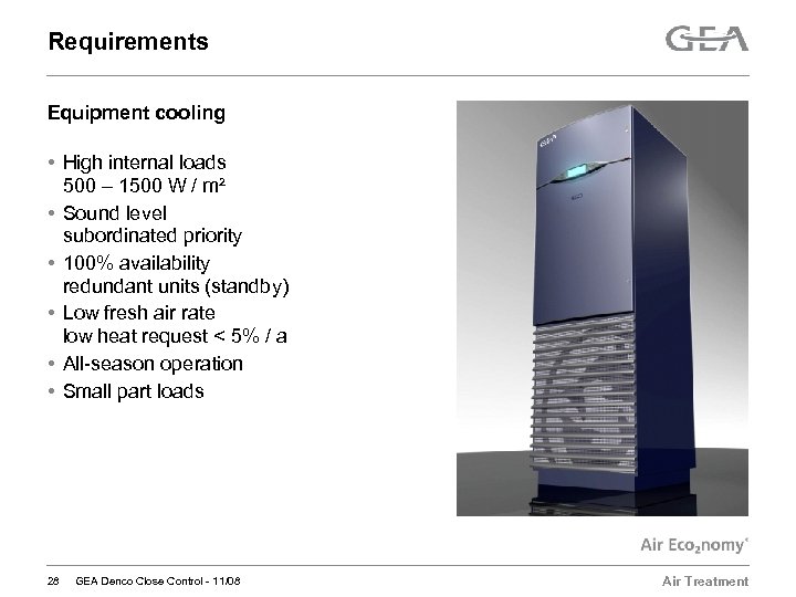 Requirements Equipment cooling • High internal loads 500 – 1500 W / m² •