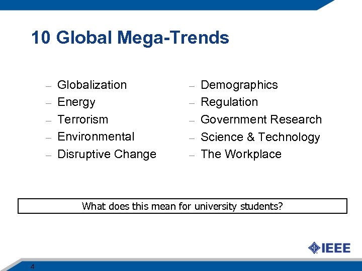 10 Global Mega-Trends – – – Globalization Energy Terrorism Environmental Disruptive Change – –