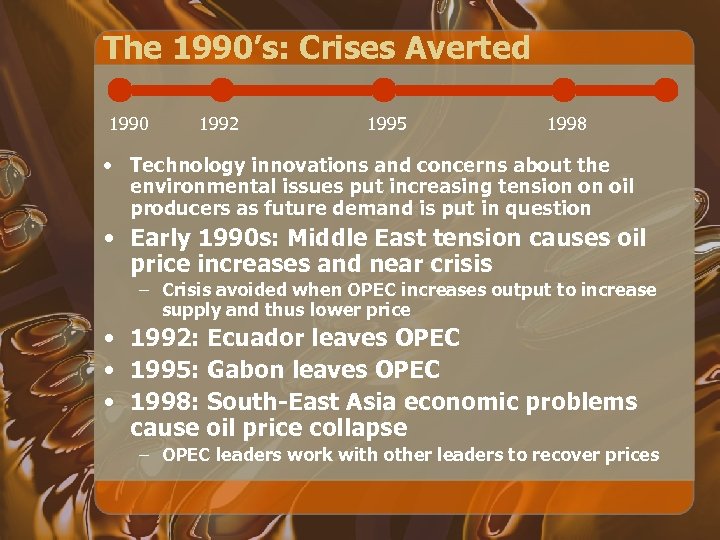 The 1990’s: Crises Averted 1990 1992 1995 1998 • Technology innovations and concerns about