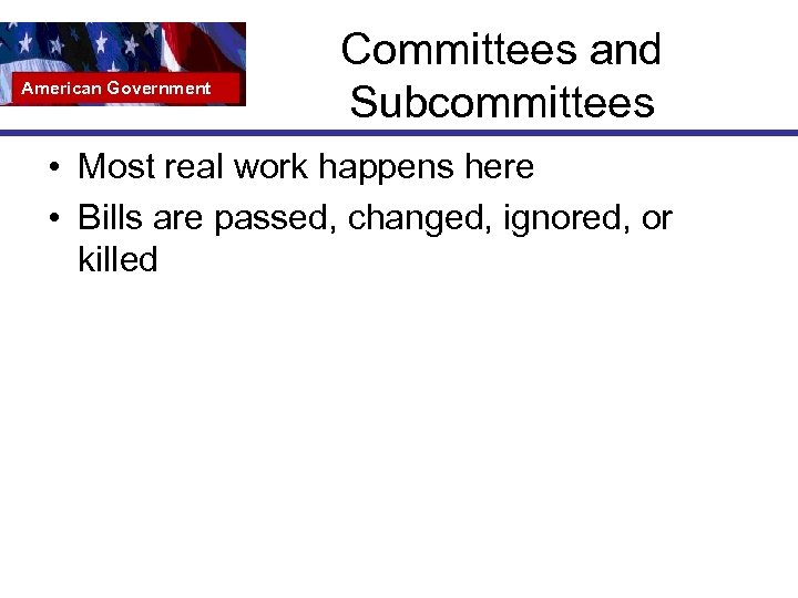 American Government Committees and Subcommittees • Most real work happens here • Bills are