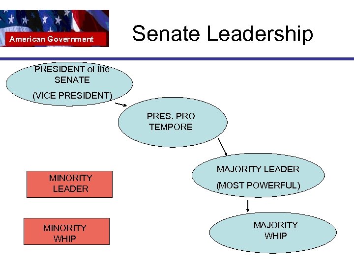 American Government Senate Leadership PRESIDENT of the SENATE (VICE PRESIDENT) PRES. PRO TEMPORE MINORITY
