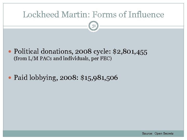 Lockheed Martin: Forms of Influence 31 Political donations, 2008 cycle: $2, 801, 455 (from