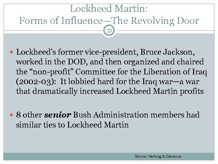 Lockheed Martin: Forms of Influence—The Revolving Door 33 Lockheed's former vice-president, Bruce Jackson, worked