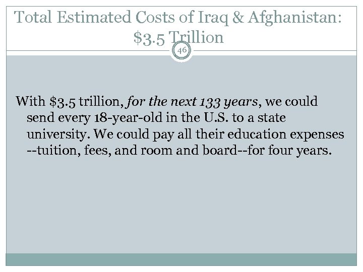 Total Estimated Costs of Iraq & Afghanistan: $3. 5 Trillion 46 With $3. 5