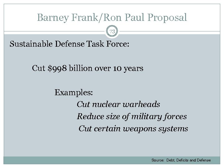 Barney Frank/Ron Paul Proposal 73 Sustainable Defense Task Force: Cut $998 billion over 10