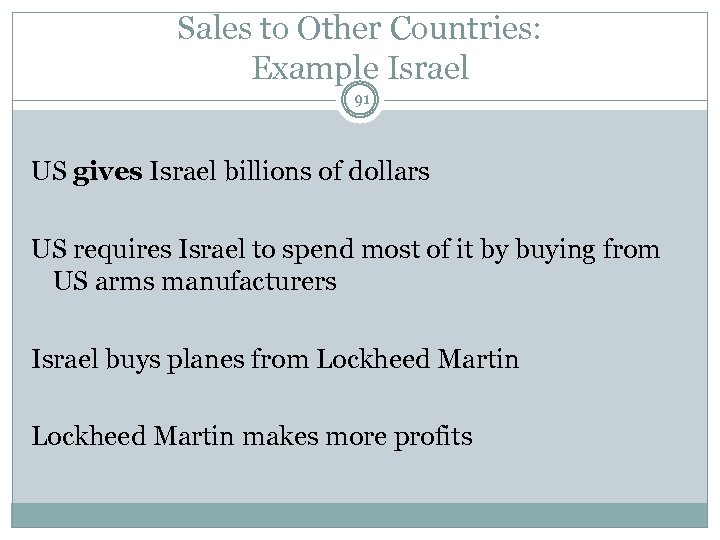 Sales to Other Countries: Example Israel 91 US gives Israel billions of dollars US