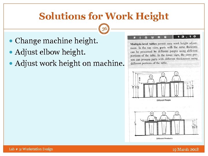 Solutions for Work Height 36 Change machine height. Adjust elbow height. Adjust work height