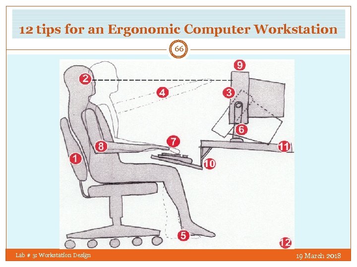 12 tips for an Ergonomic Computer Workstation 66 Lab # 3: Workstation Design 19