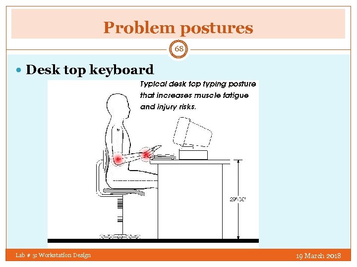 Problem postures 68 Desk top keyboard Lab # 3: Workstation Design 19 March 2018
