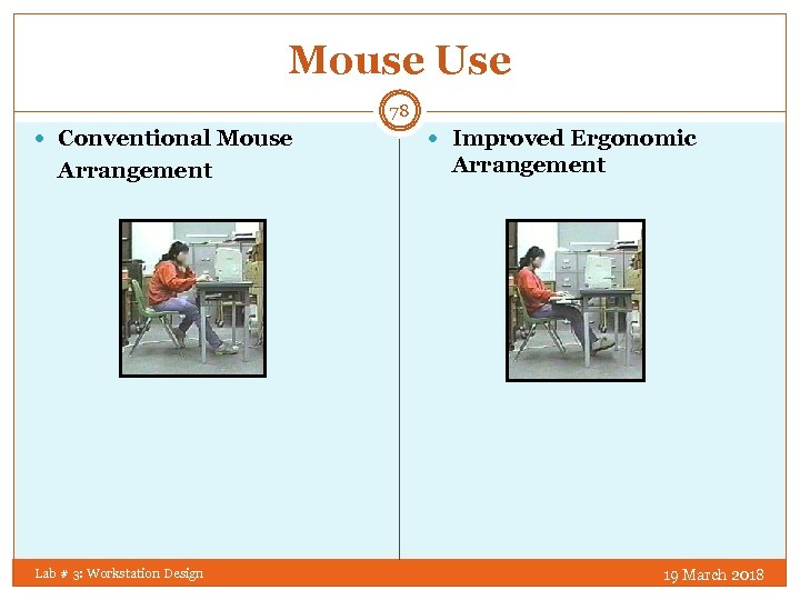 Mouse Use 78 Conventional Mouse Arrangement Lab # 3: Workstation Design Improved Ergonomic Arrangement