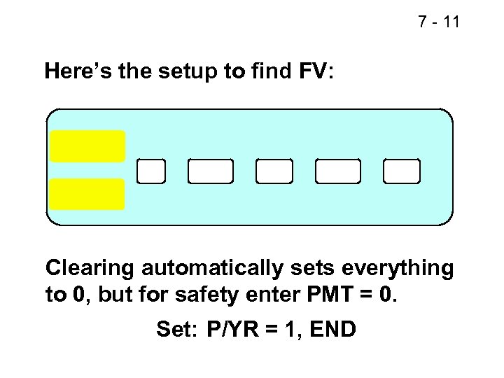 7 - 11 Here’s the setup to find FV: Clearing automatically sets everything to