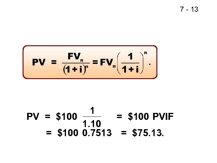 7 - 13 . 1 PV = $100 PVIF 1. 10 = $100 0.