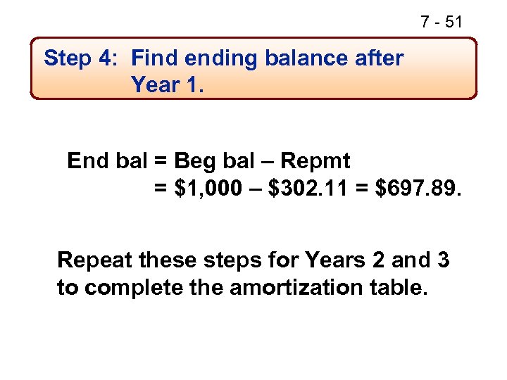 7 - 51 Step 4: Find ending balance after Year 1. End bal =