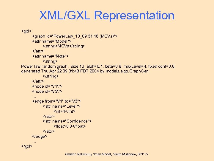 XML/GXL Representation <gxl> <graph id="Power. Law_10_09: 31: 48 (MCVs)"> <attr name="Model"> <string>MCVs</string> </attr> <attr