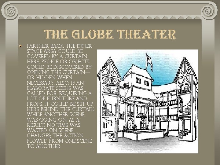 the globe theater Farther back, the innerstage area could be covered by a curtain.