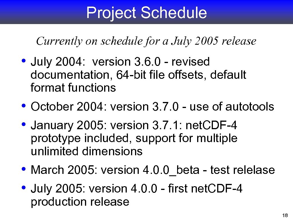 Project Schedule Currently on schedule for a July 2005 release • July 2004: version