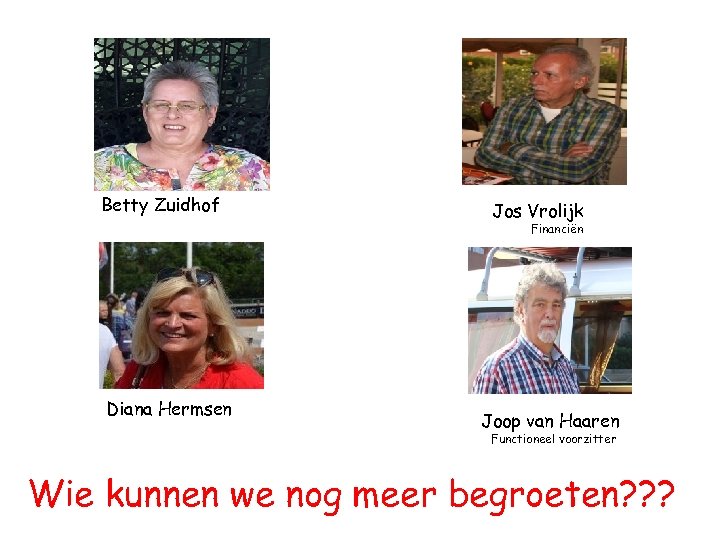 Betty Zuidhof Jos Vrolijk Financiën Diana Hermsen Joop van Haaren Functioneel voorzitter Wie kunnen